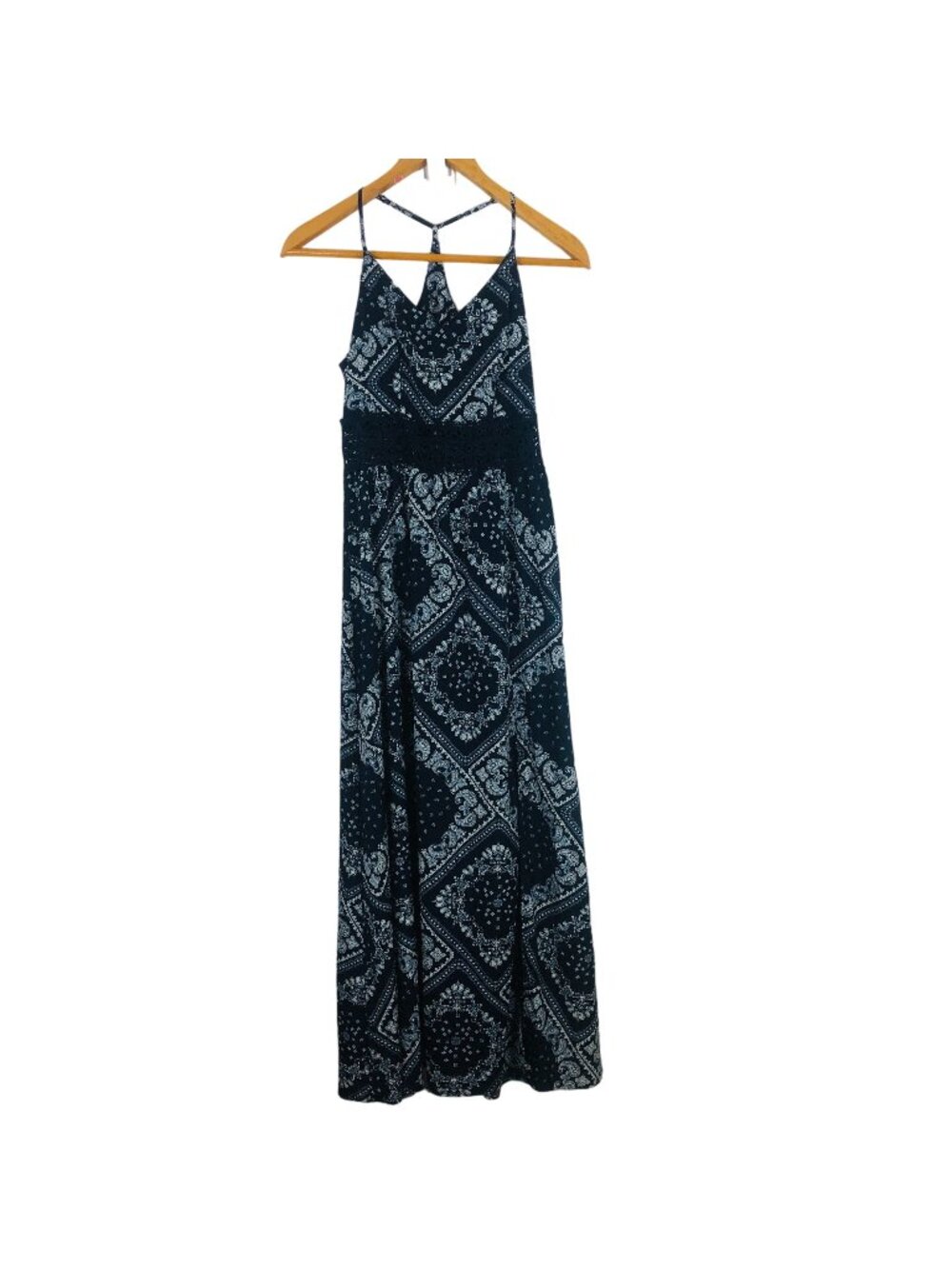 Emery Rose Boho Maxi Dress Medium Paisley Scarf Print Crochet Waist Open Back